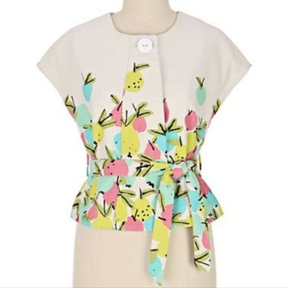 Anthropologie We Love Vera Short Sleeve Blazer Jacket Pears Apples Briny Winds